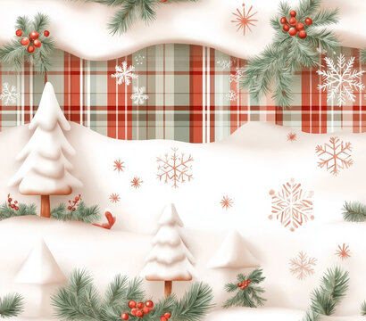 Seamless Tumbler Wrap size 20 oz, 9.3x8.2" 300Dpi PNG, A festive winter scene featuring snow-covered trees, plaid patterns, snowflakes, and holly, creating a cozy holiday atmosphere.