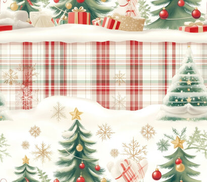 Seamless Tumbler Wrap size 20 oz, 9.3x8.2" 300Dpi PNG, A festive holiday design featuring Christmas trees, gifts, and snow, accented with a plaid pattern, perfect for seasonal decorations.