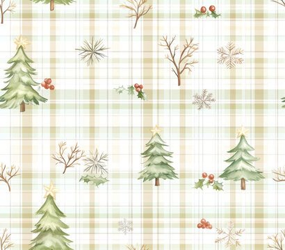 Seamless Tumbler Wrap size 20 oz, 9.3x8.2" 300Dpi PNG, A festive, plaid-patterned design featuring Christmas trees, snowflakes, and branches, perfect for holiday-themed decor or fabric.