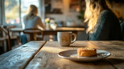 Obraz premium woman in casual attire, sitting at a rustic table, blurred plate of food and cup in the foreground, calm atmosphere,