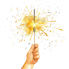 Cute watercolor hand with fireworks clip art isolated on white background.
