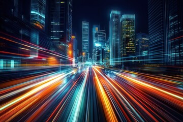 Obraz premium Fast city road at night with neon lights streaks. Modern skyscrapers surround fast highway. Futuristic tech city scene. Dynamic night view. Rapid transit