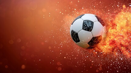 Naklejka premium A dynamic and eye catching banner featuring a soccer ball striking against a vivid red explosive background, with splashes of color adding movement and intensity to the composition