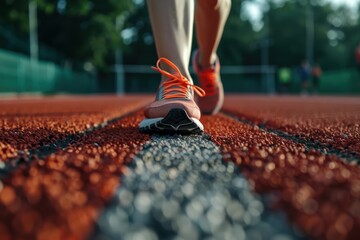 Female athlete preparing to begin a run on an outdoor track, focused on fitness and motivation for a healthy lifestyle and strong cardiovascular training