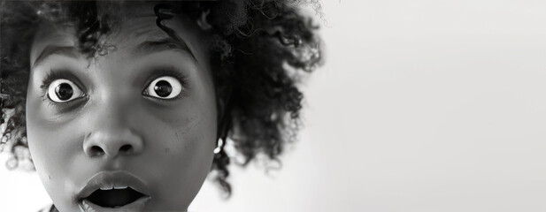 Portrait of Young dark-skinned woman with a surprised frightened expression and open mouth