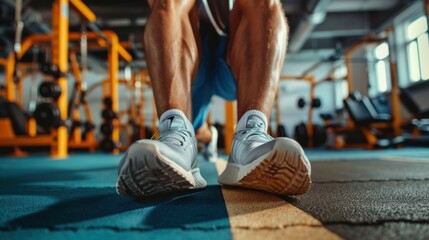 Individual stretching legs to begin training, focusing on relaxation and fitness. A happy athlete engaging in exercise for overall wellness and flexibility in a gym