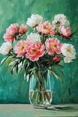 Fototapeta premium Beautiful floral arrangement of pink and white peonies in a clear glass vase against a vibrant green background showcasing natural elegance and charm.