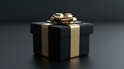 Black gift box with a golden ribbon bow on a dark background.