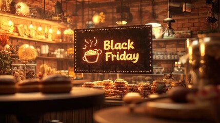 Obraz premium Black Friday neon coffee sign with pastries on display in a cozy bakery interior.