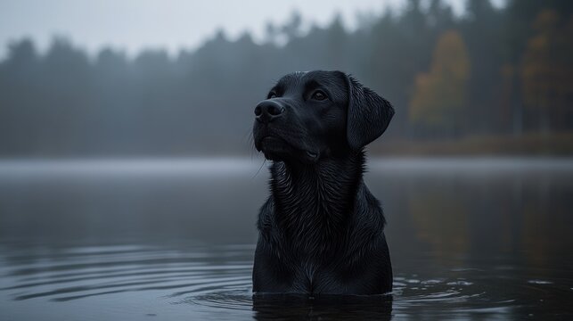 Black Labrador Retriever in misty lake.