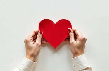 Woman hands holding red paper heart for valentine's day on white table