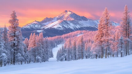 A serene winter landscape featuring snow-covered trees and a majestic mountain at sunset.