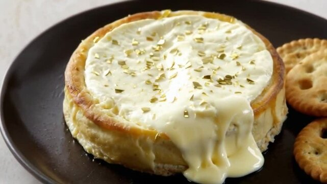 A close-up of molten cheese oozing from a wheel of baked Camembert, topped with edible gold flakes and served with artisanal crackers