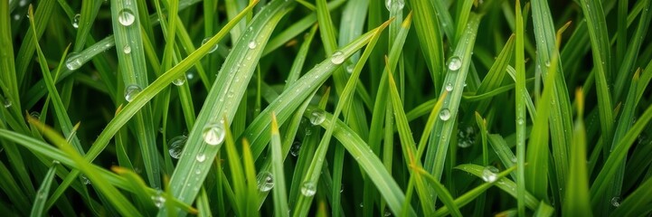 Obraz premium Vivid green grass texture with dew drops, detail, growth