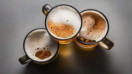 Close up view of mugs of beer with froth on grey background