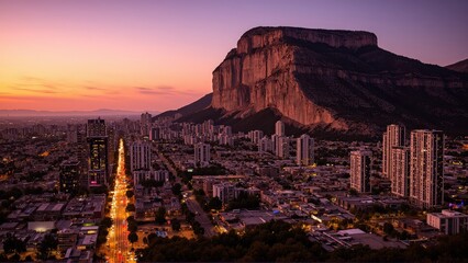 Generative AI, Urban Skyline at Twilight with Towering Cliff Backdrop