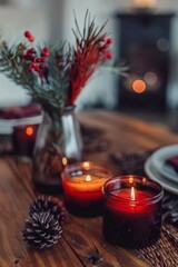 Table decorated with candles and pine tree branches in a vase. Christmas decorations