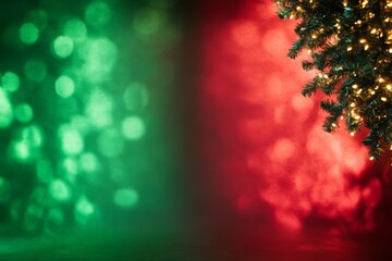 Festive Christmas background with green and red and empty space in the middle, Christmas tree ornaments