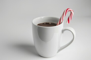 White ceramic mug with hot chocolate and candy cane, close up food photography