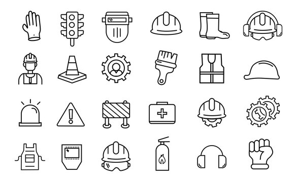 Set of 24 outline icons related to work safety. vector editable stroke