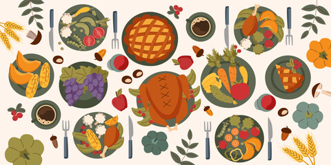 Thanksgiving family dinner banner. Roasted turkey and different dishes on the table. Thanksgiving background. Top view.