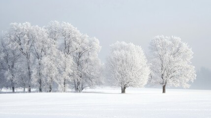 Snow-covered trees in a peaceful winter landscape under a misty sky.