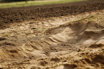Close-up of erosion patterns in sandy soil with farmland backgro