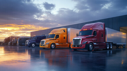 A row of semi trucks are parked in a lot, with one of them being a red semi truck