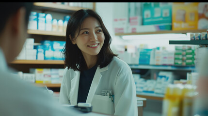 Asian pharmacist serves a pharmacy customer who buys medicines prescribed by a doctor