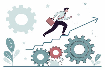 Best Practices Development, Strategy to Success or Improvement, Planning, Progress or Implementation Process, Efficiency or Productivity Concept, Businessman Running Up Stair on Cogwheel Gears System
