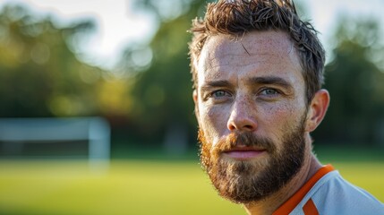 Rugby player displaying a serious expression of confidence and pride after a victory. Close-up on athletes face, showcasing readiness for match and dedication to fitness on grass