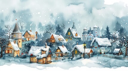 A charming illustration of a winter village with cozy houses, snow-covered trees and a peaceful atmosphere. Ideal for holiday greeting cards.