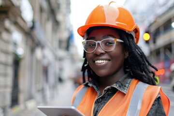 Joyful woman architect holding a tablet, working on construction and outdoor planning in an industrial setting. Female engineer smiling while using technology for architectural projects