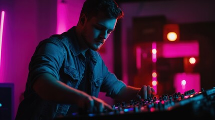 Fototapeta premium Male DJ operating a music mixer, dim light with neon accents creating an energetic vibe,