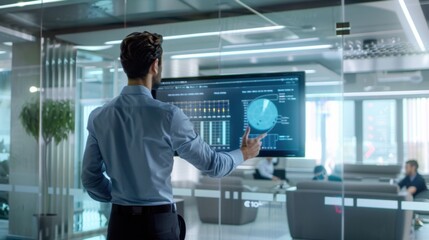 A modern business office with an executive reviewing a digital financial report on a large touchscreen display, The room features a contemporary design with glass walls and clean lines