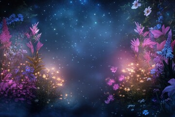 A serene night scene featuring vibrant flowers and a starry sky.