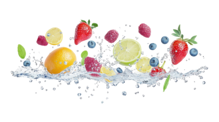 Fruits splashing in water apples oranges strawberries and more on transparent background