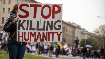 call for peace: Protest sign held high in a public space STOP KILLING HUMANITY,&rsquo; captures the urgency of social activism.&rdquo;demanding an end to violence.