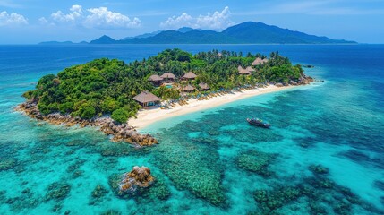 Aerial view of a tropical island with clear waters and lush greenery.