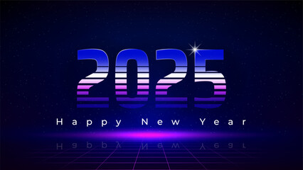 Happy New Year 2025, 25. Retro futuristic tech design in 80s style. New Year greeting card. Purple magenta blue numbers 2025, starry sky background. Neon color. Vector illustration