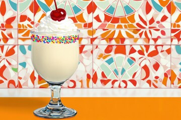 A creamy milkshake topped with whipped cream and a cherry, set against a colorful tiled background.