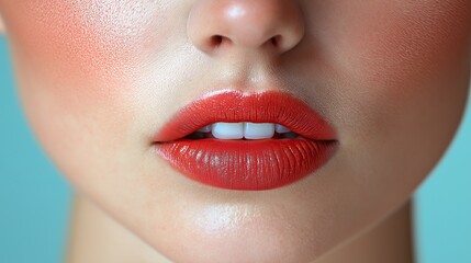 Naklejka premium Close-up of red lips for cosmetic advertisements and branding, ideal for showcasing beauty products and makeup looks, print for National Lipstick Day