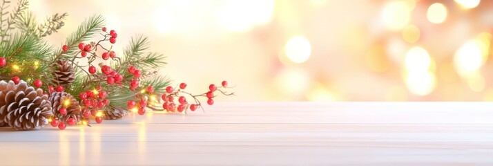 Fototapeta premium A minimal holiday scene featuring pinecones, red berries, and pine branches on a wooden table with a soft, blurred light background. Perfect for seasonal greetings and winter themes.