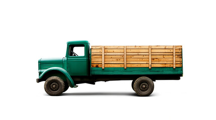 A vintage green truck with a wooden loading area, showcasing a classic design and rustic charm, perfect for transporting goods.