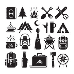 Obraz premium Camping elements set silhouette vector illustration 