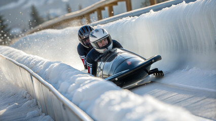Close up of bobsled runner slicing through icy track during high-speed run
