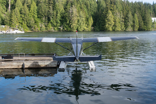 Rear view of a Seaplane tied to a Dock near a coastal forest, Bamfield, Vancouver Island, British Columbia, Canada