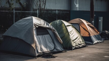 Homeless Encampment: Tents Lined Up in Urban Setting