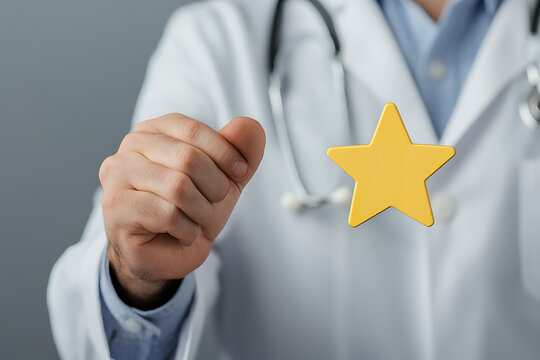 Doctor Holding a Golden Star: Top-Rated Healthcare Professional, Excellent Medical Service, Patient Care, and Quality Treatment
