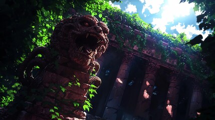 Ancient Shadow Monster, Fierce Serpent Chimera Guardian Statue in Overgrown Jungle Temple Ruin